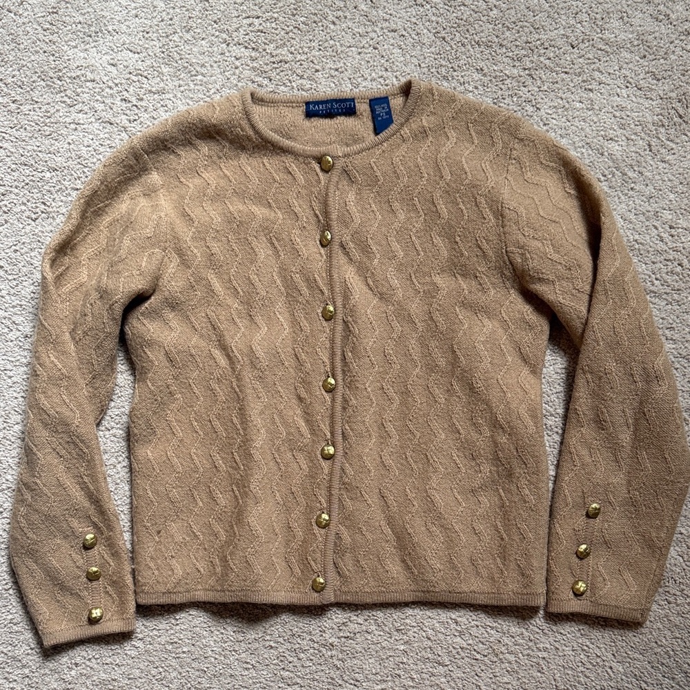 Karen Scott Camel Crewneck Button-Front Cardigan with Gold Buttons